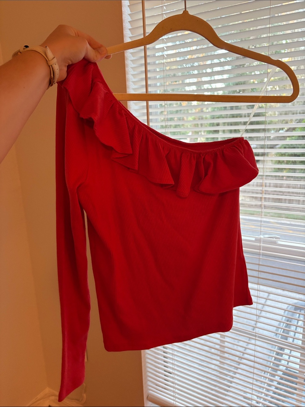J. Crew One-Shoulder Ruffle Long Sleeve Top - Red